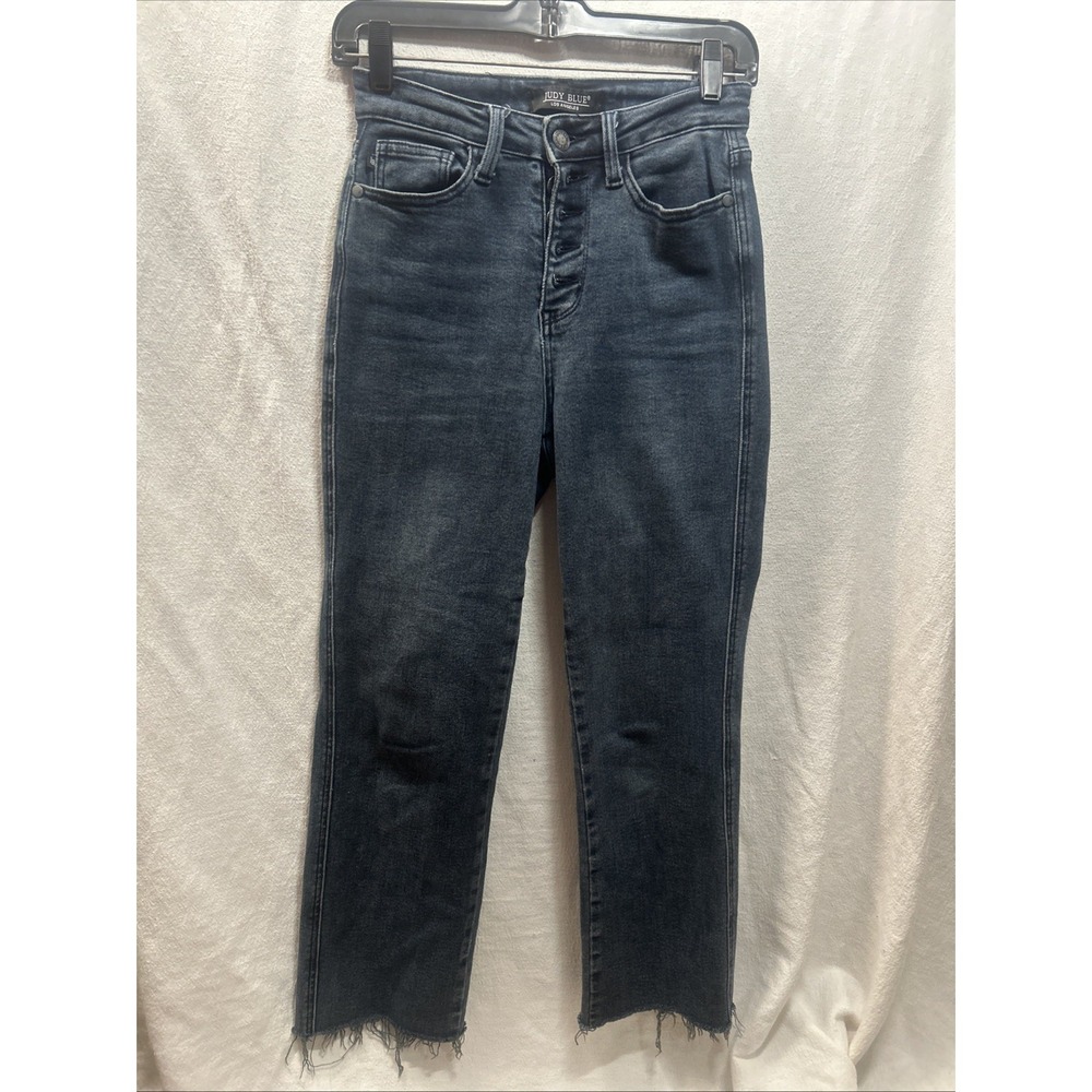 Judy Women's Blue Jeans Size 0/24 Dark Wash Frayed Bottom Legs Button Fly